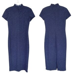 VINTAGE David Warren Midnight Blue Sparkly Mandarin Collar Full Length Dress